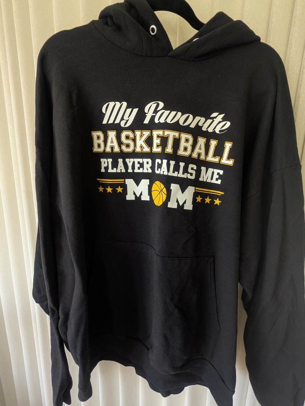 Hanes Black Hoodie with White and Gold Basketball Mom Graphic